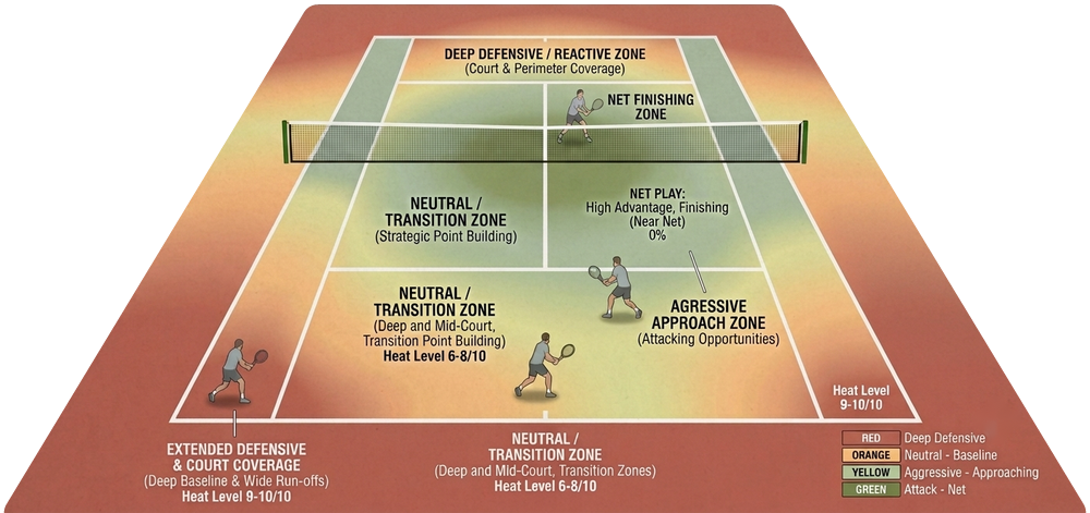 Tennis court heat map showing where you are on court and what it lets you do: deep defensive and reactive zones near the baseline, neutral and transition zones in mid-court, aggressive approach and net-finishing zones near the net.